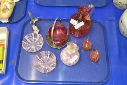 Mixed Lot: Cranberry glass jug, cranberry glass butter dish with silver plated stand, lattice work