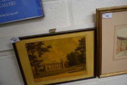 Coloured print, view of the southern schools and dormatories of Rugby School, framed
