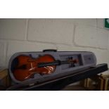 An unbranded full size beginner's violin and bow in fitted hardcase