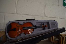 An unbranded full size beginner's violin and bow in fitted hardcase