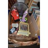 Mixed Lot: Novelty red post box teapot, mantel clock, wooden tray etc