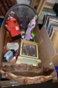 Mixed Lot: Novelty red post box teapot, mantel clock, wooden tray etc