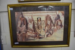 View of Abu Simbel, watercolour, framed and glazed
