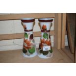 Pair of overpainted milk glass vases decorated with flowers