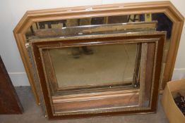 Pine framed over mantel mirror together with three picture frames