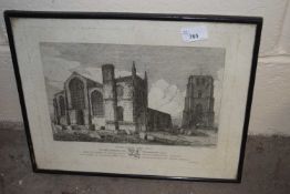 H Davey, south west view of Beccles Church, Suffolk, black and white etching, framed and glazed