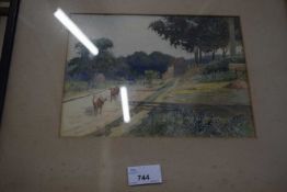 Attributed Thomas Churchyard of Woodbridge, rural scene with cattle on road, watercolour, framed and