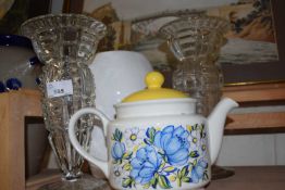 Pair of glass vases, a floral decorated teapot and an off white coloured vase