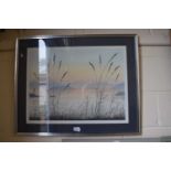A print of a lakeland scene by Geane Duffey, glazed with chrome effect frame