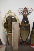 Three various framed wall mirrors together with a pine wall shelf