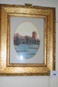 Study of Colby Church, watercolour set in a oval mount and gilt framed