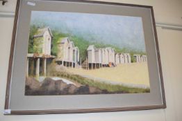 Watercolour of beach huts, unsigned, framed