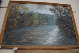 20th Century school river landscape, oil on board, framed