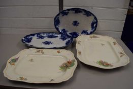 MIXED LOT COMPRISING PAIR OF BLUE AND WHITE MEAT PLATES TOGETHER WITH A PAIR OF MEAKIN MEAT