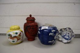 MIXED LOT OF CHINESE LACQUER COVERED JAR, VARIOUS CHINESE GINGER JARS AND A FURTHER LOBED DISH