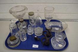 TRAY OF MIXED GLASS WARES TO INCLUDE VARIOUS CRUET ITEMS, PLUS FURTHER METAL MODEL MICE