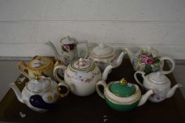 TRAY OF VARIOUS DECORATED TEA POTS