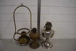 TWO OIL LAMP BASES PLUS A FURTHER HANGING OIL LAMP (3)