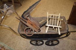 MIXED LOT - VINTAGE PRAM (FOR RESTORATION), TOGETHER WITH A CHILD'S TOY TWO-WHEELED CART, AND A