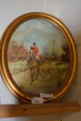 20TH CENTURY SCHOOL, STUDY OF HUNTSMEN AND HOUNDS, OIL ON BOARD, OVAL GILT FRAME