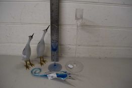 MIXED LOT OF WEDGWOOD GLASS CANDLESTICKS, GLASS BIRDS AND ONE OTHER (5)