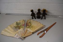 MIXED LOT OF AFRICAN FIGURES, MOTHER OF PEARL MOUNTED FAN, GLOVE STRETCHERS ETC