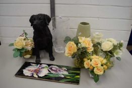 MIXED LOT VARIOUS FAKE FLOWERS, ASSORTED VASES, MODERN COMPOSITION MODEL OF A LABRADOR, AND A