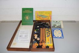 INLAID FOLDING GAMES BOX AND CONTENTS TO INCLUDE DRAUGHTS, DOMINOES, CRIBBAGE ETC