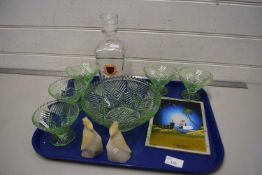 MIXED LOT EARLY 20TH CENTURY PRESSED GLASS SET OF DISHES, MODERN DECANTER, POLISHED STONE PARROT AND