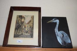 MODERN OIL ON CANVAS STUDY OF A HERON, TOGETHER WITH A COLOURED PRINT STREET SCENE (2)