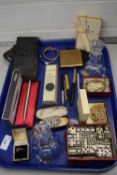 TRAY OF MIXED ITEMS TO INCLUDE CASED DOMINOES, COSTUME JEWELLERY, PENS, EVENING BAG, 9CT RING (