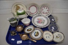 MIXED LOT DECORATIVE RIBBON PLATES, TEA SET DECORATED WITH VIEWS OF HUNSTANTON, SILVER PLATED TEA