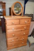 MODERN PINE SIX-DRAWER CHEST, TOGETHER WITH A SMALL DRESSING TABLE MIRROR (2)