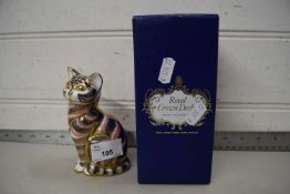 ROYAL CROWN DERBY PAPERWEIGHT FORMED AS A TABBY CAT, WHITE CIRCULAR DISC MARKER TO BASE