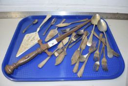 TRAY OF VARIOUS MIXED CUTLERY, SWORD SHAPED FIRE POKER ETC