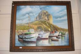 CONTEMPORARY SPANISH SCHOOL, STUDY OF MOORED FISHING BOATS, OIL ON CANVAS, HARDWOOD FRAME