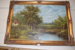 20TH CENTURY SCHOOL STUDY OF A COTTAGE BY A LAKE, OIL ON CANVAS, GILT FRAMED