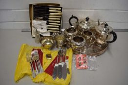 MIXED LOT SILVER PLATED TEA SET, SERVING TRAY, VARIOUS CUTLERY ETC