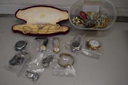 MIXED LOT VARIOUS COSTUME JEWELLERY, WRIST WATCHES ETC