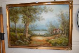 20TH CENTURY SCHOOL STUDY OF A RURAL COTTAGE, OIL ON CANVAS, GILT FRAMED
