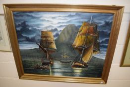 CONTEMPORARY SPANISH SCHOOL, BOATS ON A MOONLIT SEA, OIL ON CANVAS, GILT FRAME