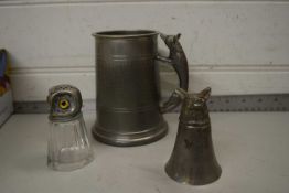 MIXED LOT OF PEWTER HUNTING TANKARD AND OTHER ITEMS