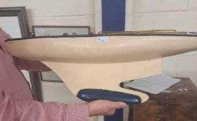 VINTAGE POND YACHT MARKED 'BOOMS BIRD', LACKING MAST, 74CM LONG