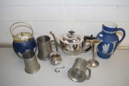 MIXED LOT OF JASPERWARE - JUG, SIMILAR BISCUIT BARREL, SILVER PLATED TEA WARES ETC