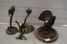 MIXED LOT THREE BRONZED RESIN MODELS OF BIRDS, TOGETHER WITH A FURTHER METAL STUDY OF A BLACKBIRD (