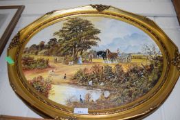 20TH CENTURY STUDY, RURAL SCENE WITH FIGURES AND HORSE AND CART, OIL ON CANVAS, OVAL GILT FRAME