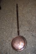 COPPER BED WARMING PAN WITH TURNED WOODEN HANDLE