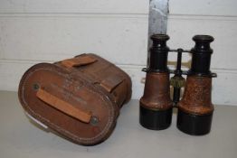 PAIR OF VINTAGE LEATHER MOUNTED BINOCULARS MARKED 'MG MR V WIDE NO 54096' AND BEARING MILITARY CROWS