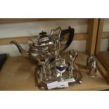 EPNS TEA POT TOGETHER WITH WHITE METAL SALT AND PEPPER SHAKERS AND A FOUR PIECE EGG CRUET