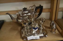 EPNS TEA POT TOGETHER WITH WHITE METAL SALT AND PEPPER SHAKERS AND A FOUR PIECE EGG CRUET